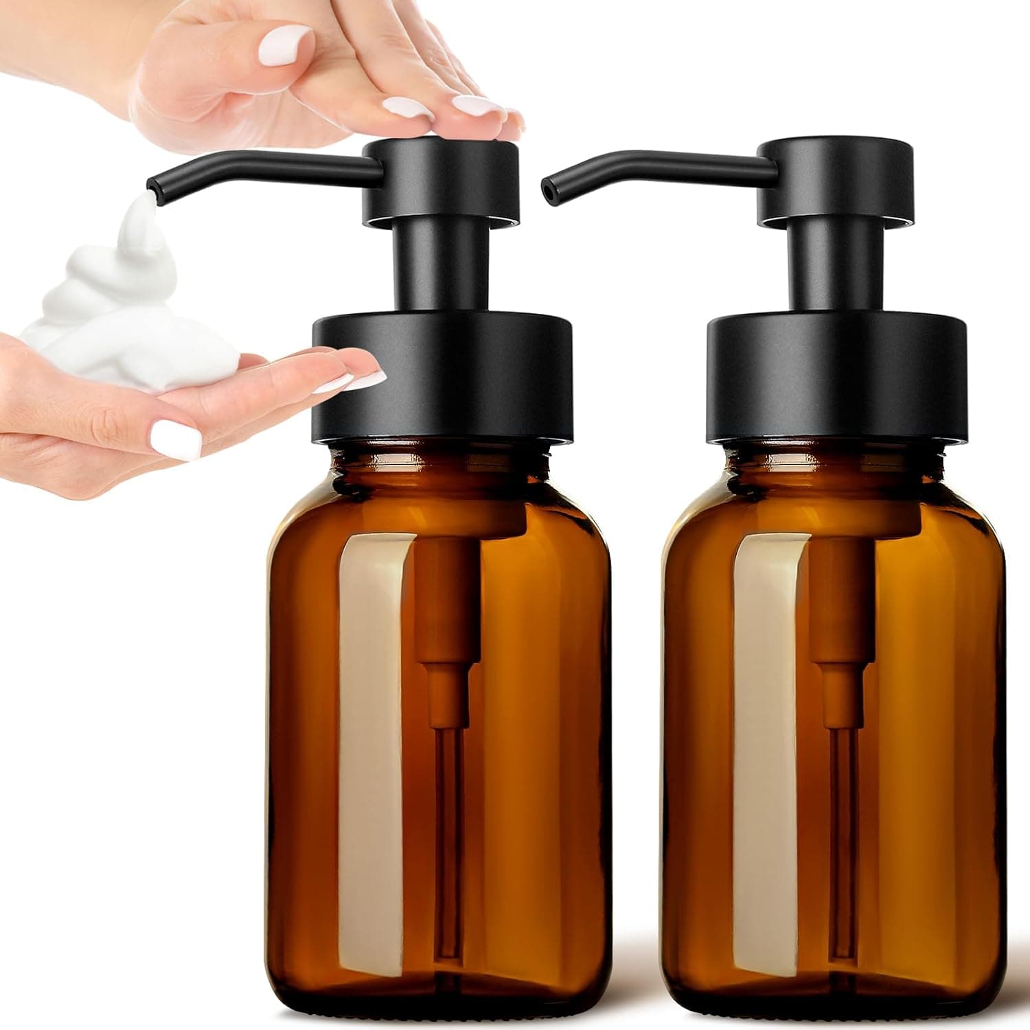 GMISUN Foaming Soap Dispenser, 2 Pack 8.5 Fl oz Amber Glass Foam Soap Dispenser, Farmhouse Hand Soap Dispenser for Bathroom & Kitchen, Refillable Foaming Hand Soap Dispenser with Waterproof Labels