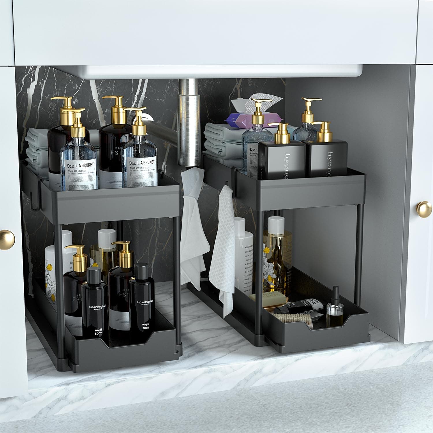 DEKAVA Under Sink Organizer 2 Pack, Bathroom Organizers, 2 Tier Sliding Cabinet Basket Organizer Drawer, Multi-Purpose Bath Collection Baskets for Bathroom (Black)